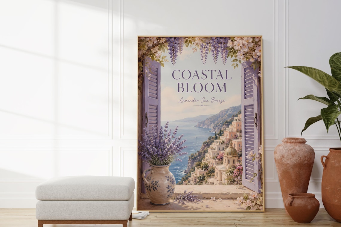 Lavender Sea Breeze Coastal Bloom Mediterranean Shutters View Wall Poster