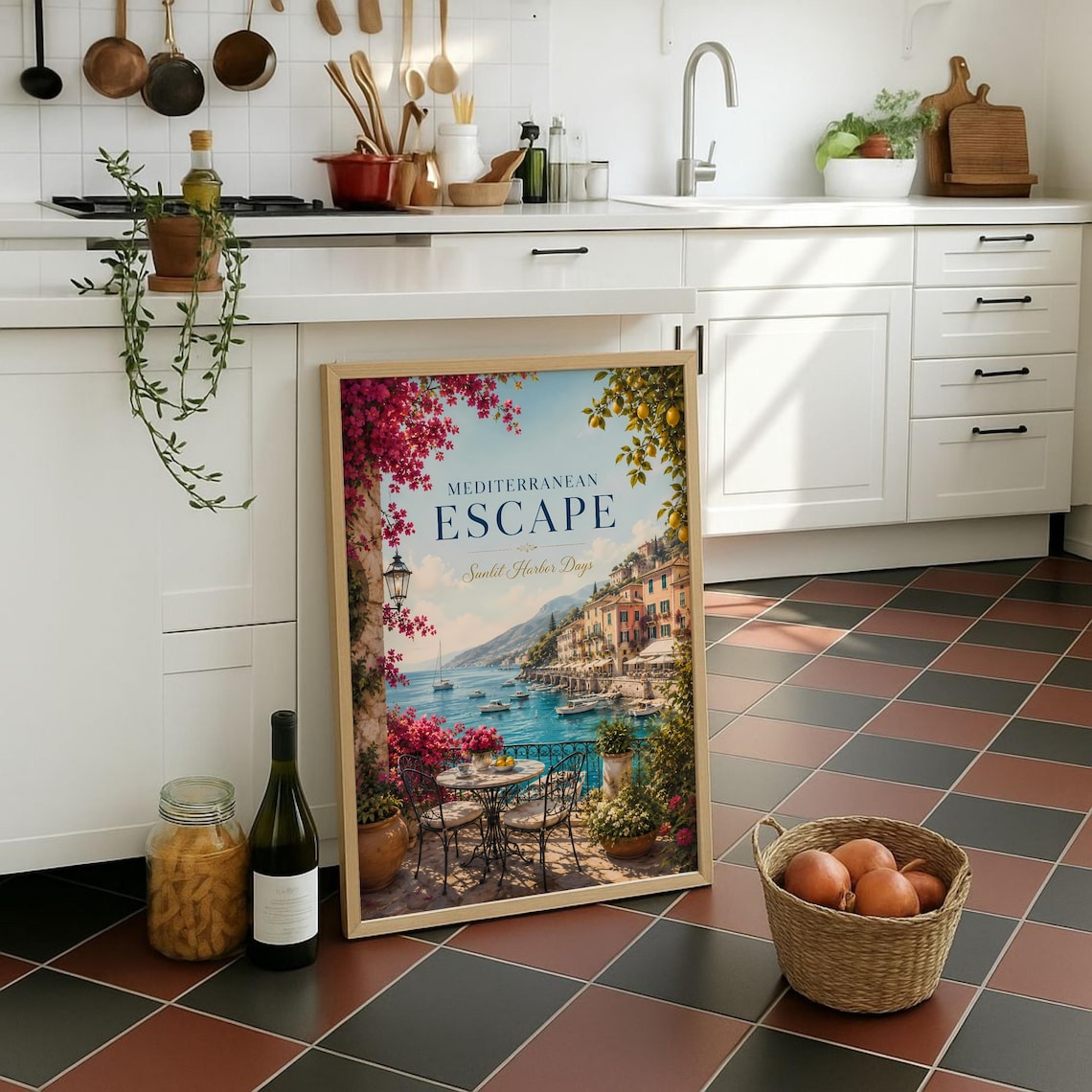 Italy Travel Poster, Bougainvillea Coastal Town View