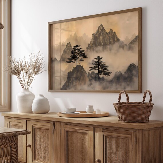 Japanese Mountain Print Red Sun Zen Wall Art Stylized Japan Landscape Poster Teal And Decor Minimalist Home Interior