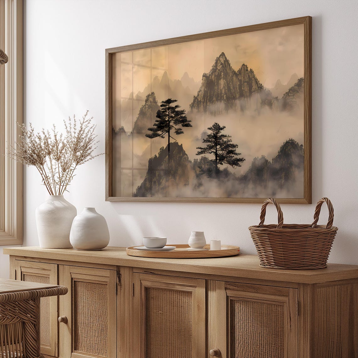 Misty Serene Ink Mountain Landscape Pine Trees Asian Zen Wall Art