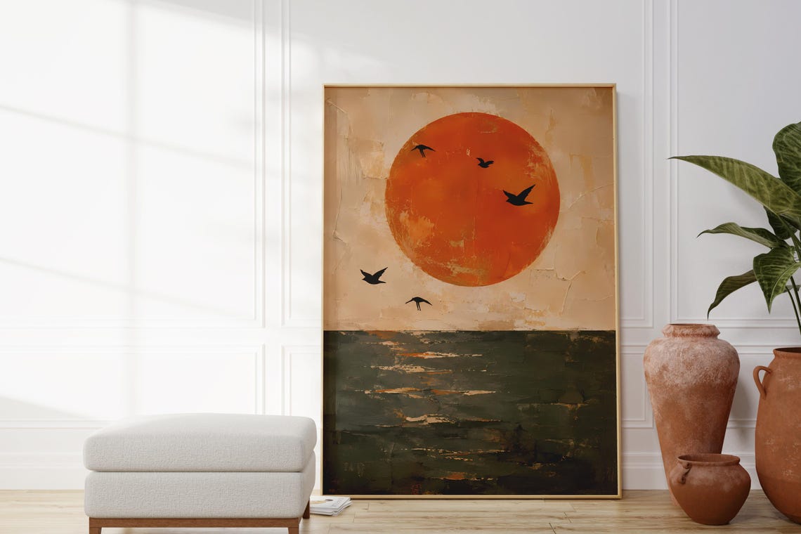 Burnt Orange Sun Over Dark Ocean With Seabirds Art Painting Poster