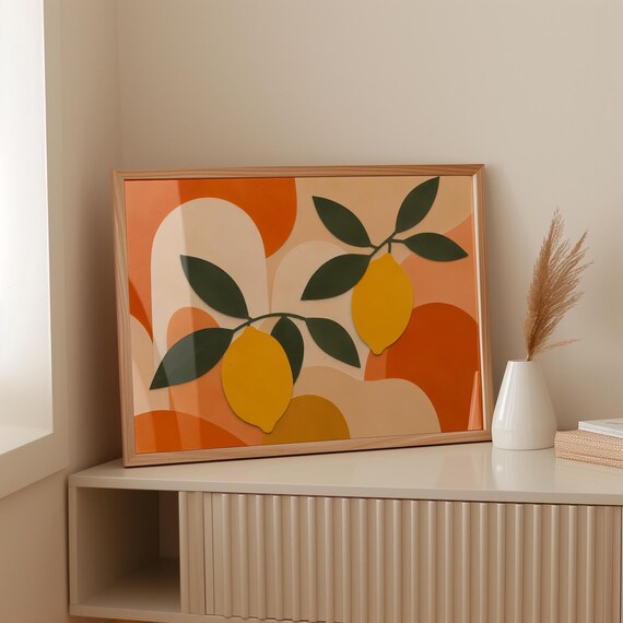 Digital Download Lemon Kitchen Poster Printable Mediterranean Wall Art Abstract Fruit Terracotta Orange Summer Print File