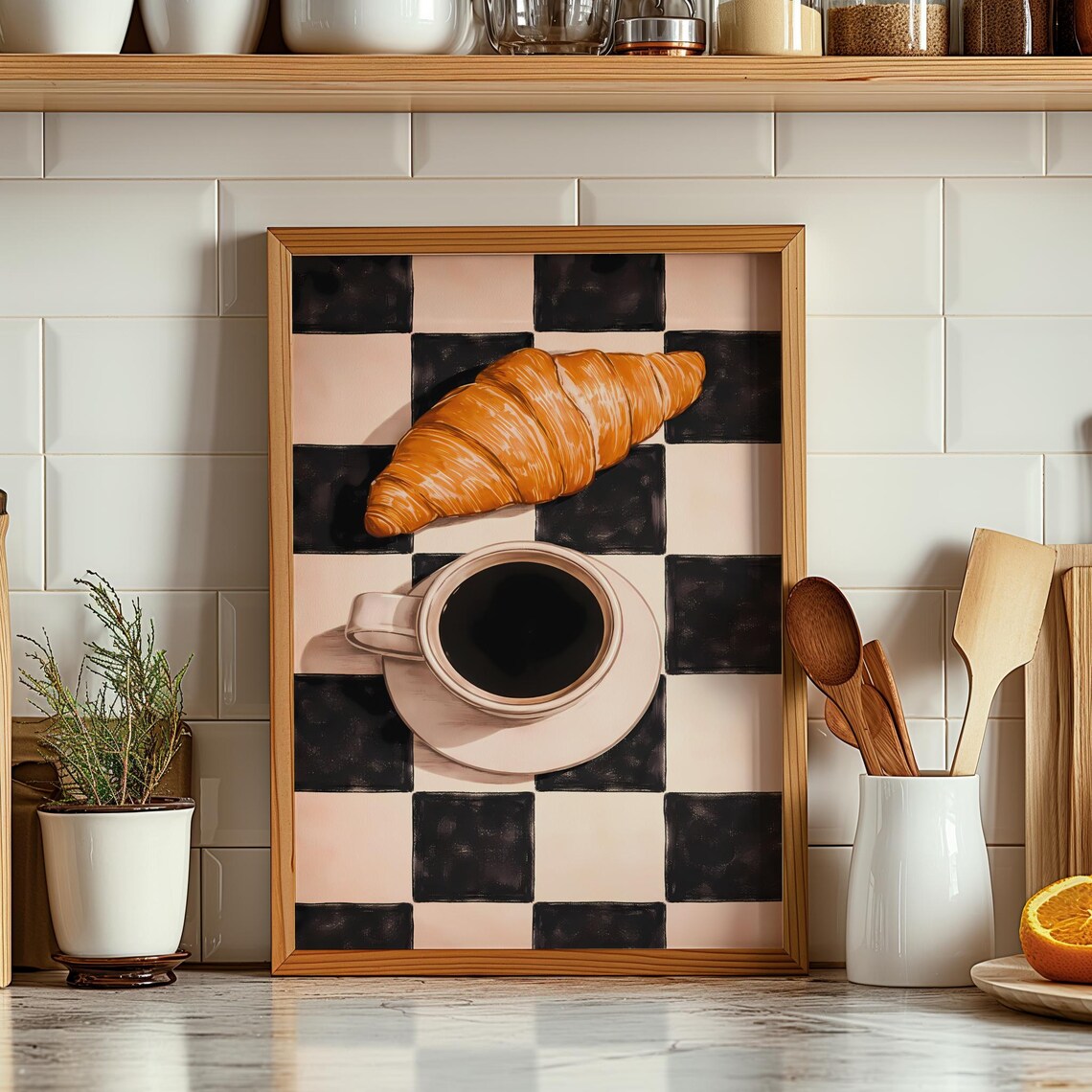 Golden Croissant Black Coffee Poster Retro Checkerboard Kitchen Morning Decor