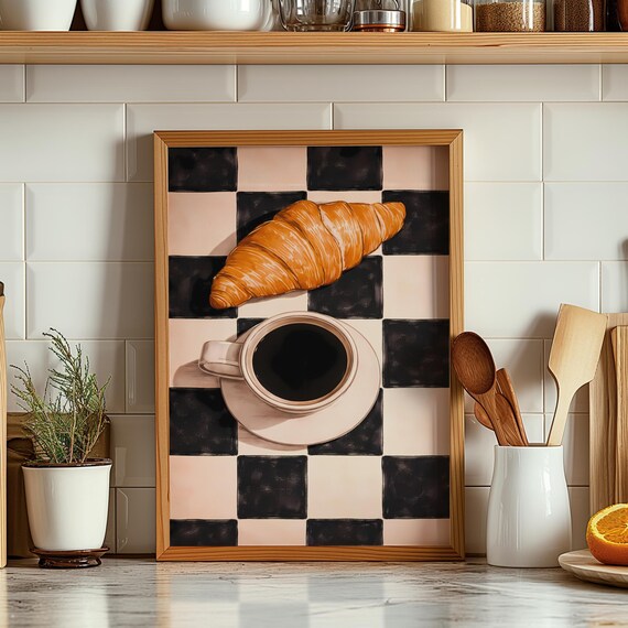 Golden Croissant Black Coffee Poster Retro Checkerboard Kitchen Morning Decor