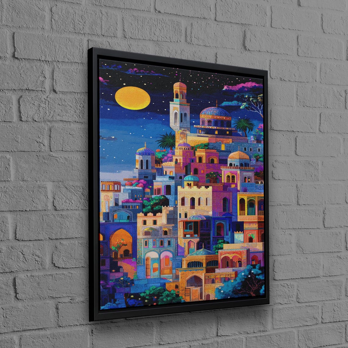 Moonlit Arabian Old Town Colorful Starry Night Cityscape Poster