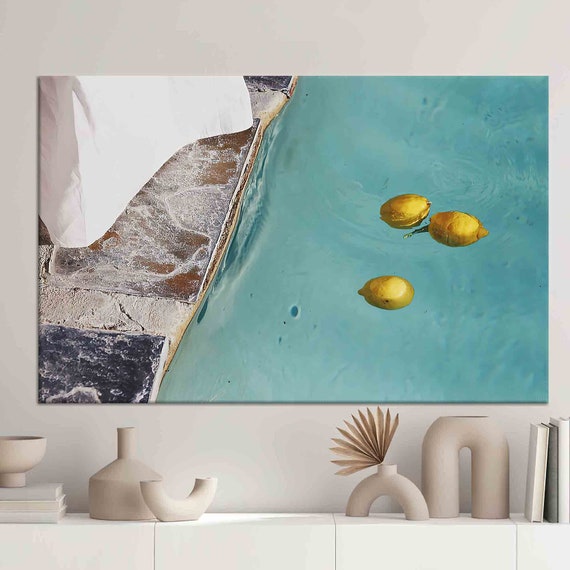 Lemon Poolside Canvas Wall Art Summer Minimalist Print Fresh Citrus Water Mediterranean Inspired Bright Kitchen Decor