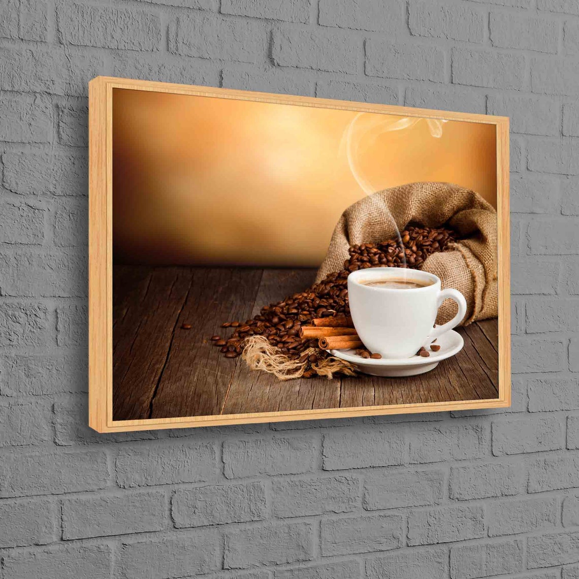 Steaming Coffee Cup Beans Cinnamon Rustic Kitchen Art Poster