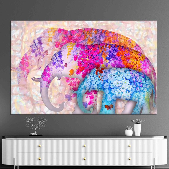 Colorful Floral Elephant Family Watercolor Canvas Art Poster