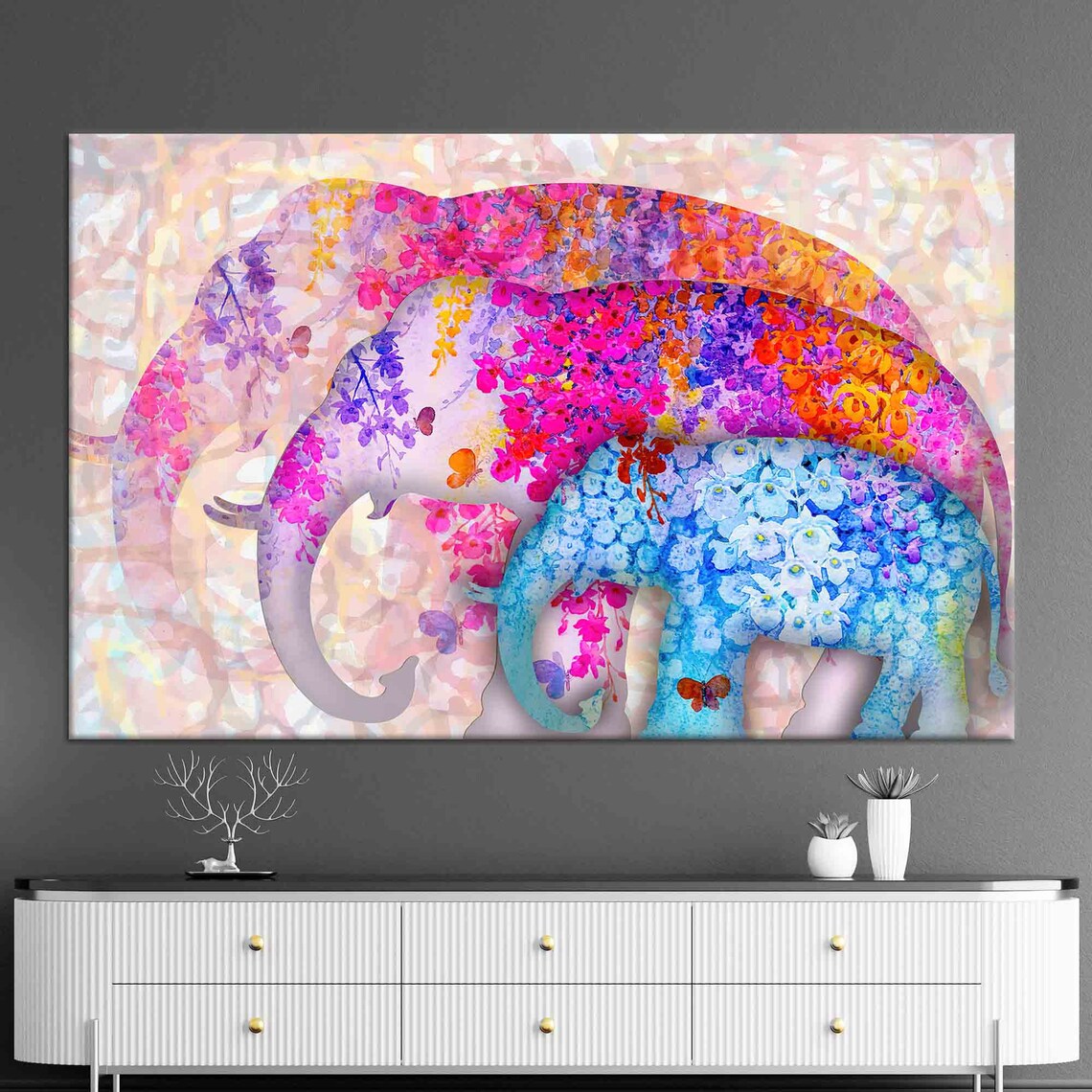 Colorful Floral Elephant Family Watercolor Canvas Art Poster