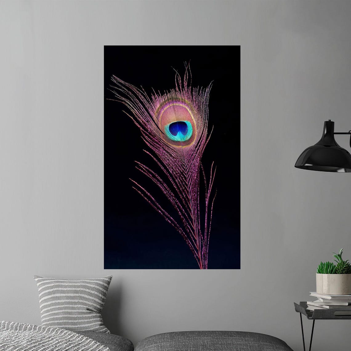 Peacock Feather Macro Iridescent Blue Eye Black Background Wall Art