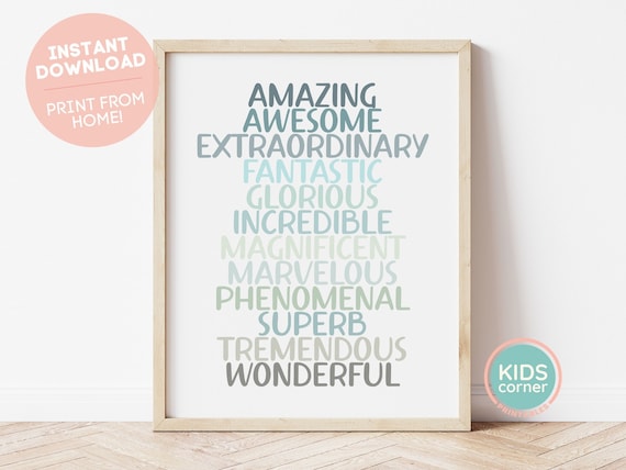 Amazing Awesome Extraordinary Positive Words Teal Word Stack Art Poster