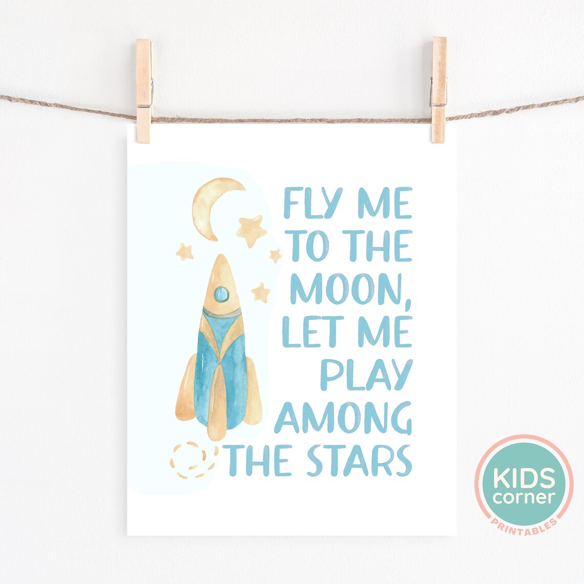 Rocket Ship Print, Moon and Stars Kids Decor - Image 2