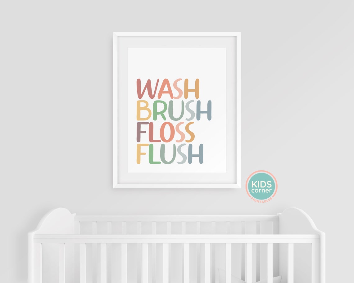 Wash Brush Floss Flush Earthy Tones Kids Bathroom Routine Poster - Image 3