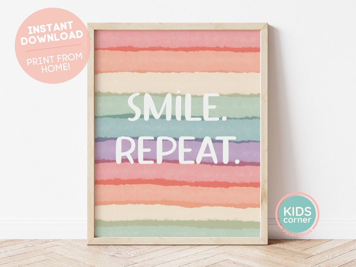 Smile Repeat White Lettering Rainbow Watercolor Stripe Art Poster