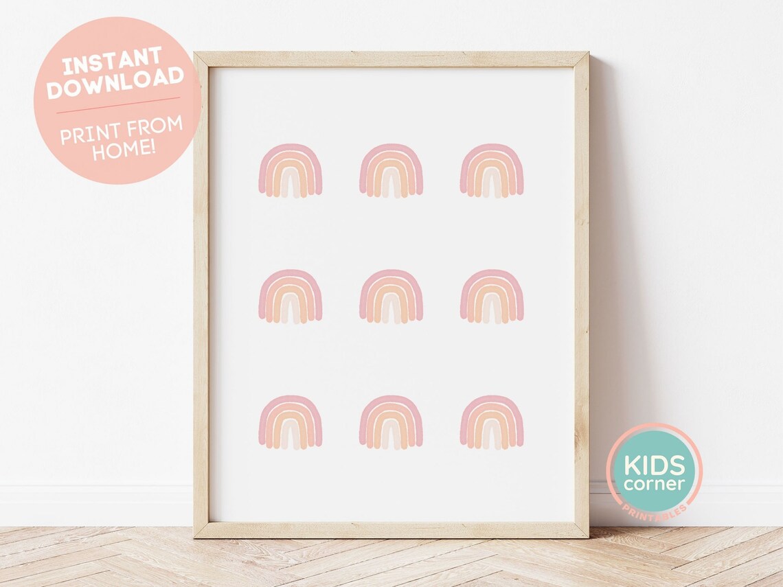 Nine Pink Rainbow Grid Minimalist Kids Nursery Watercolor Poster