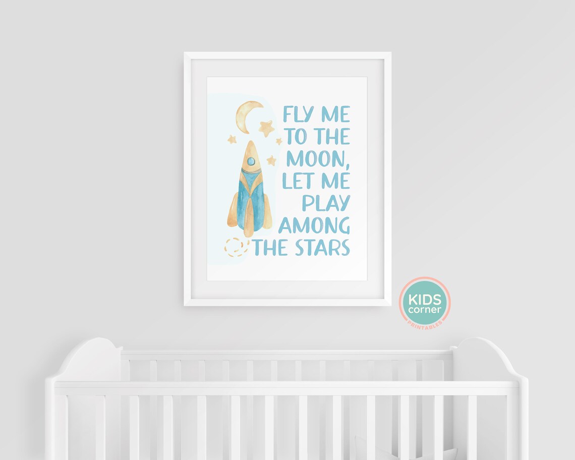 Rocket Ship Print, Moon and Stars Kids Decor - Image 3