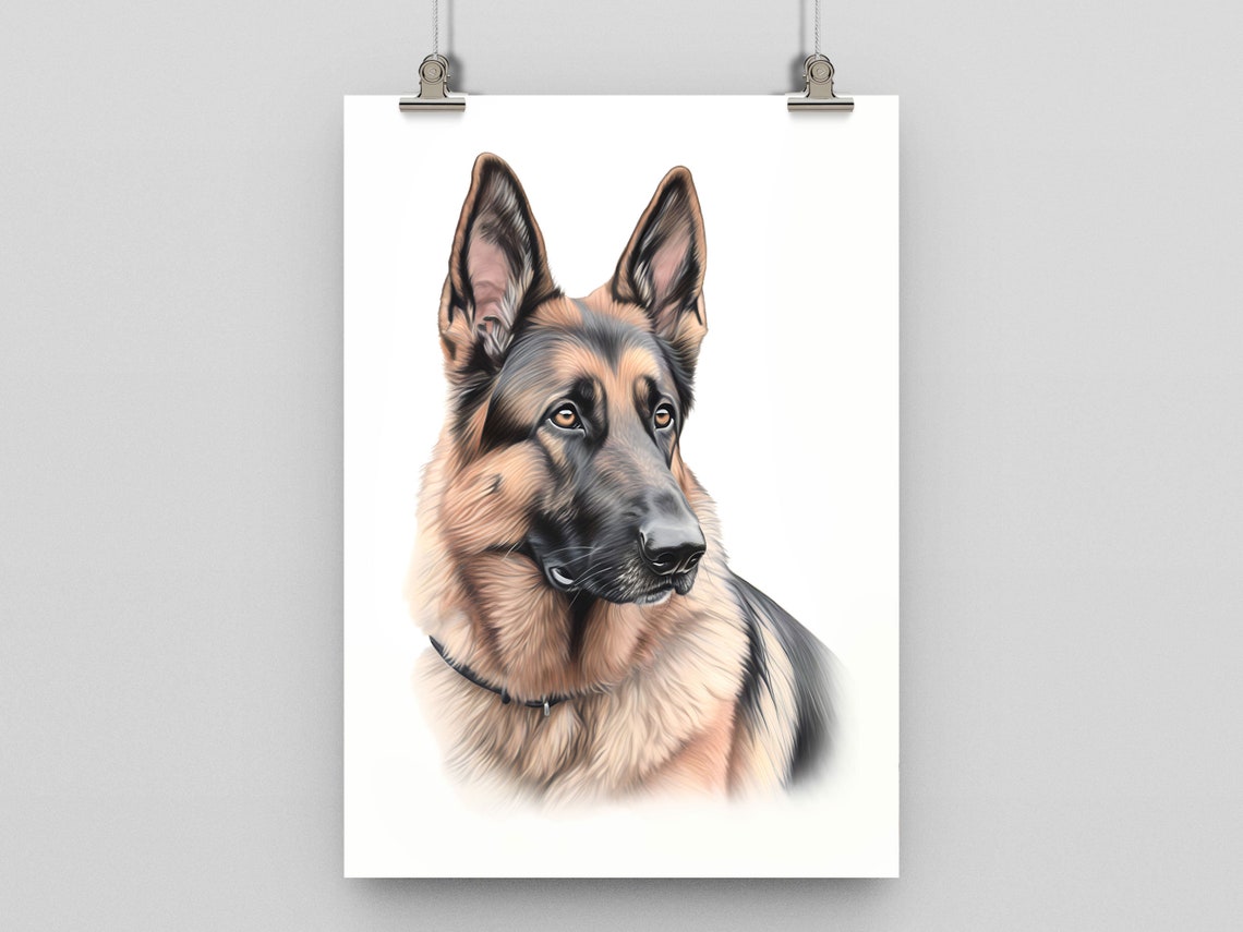 German Shepherd Colour Pencil Portrait Poster With Alert Noble Look