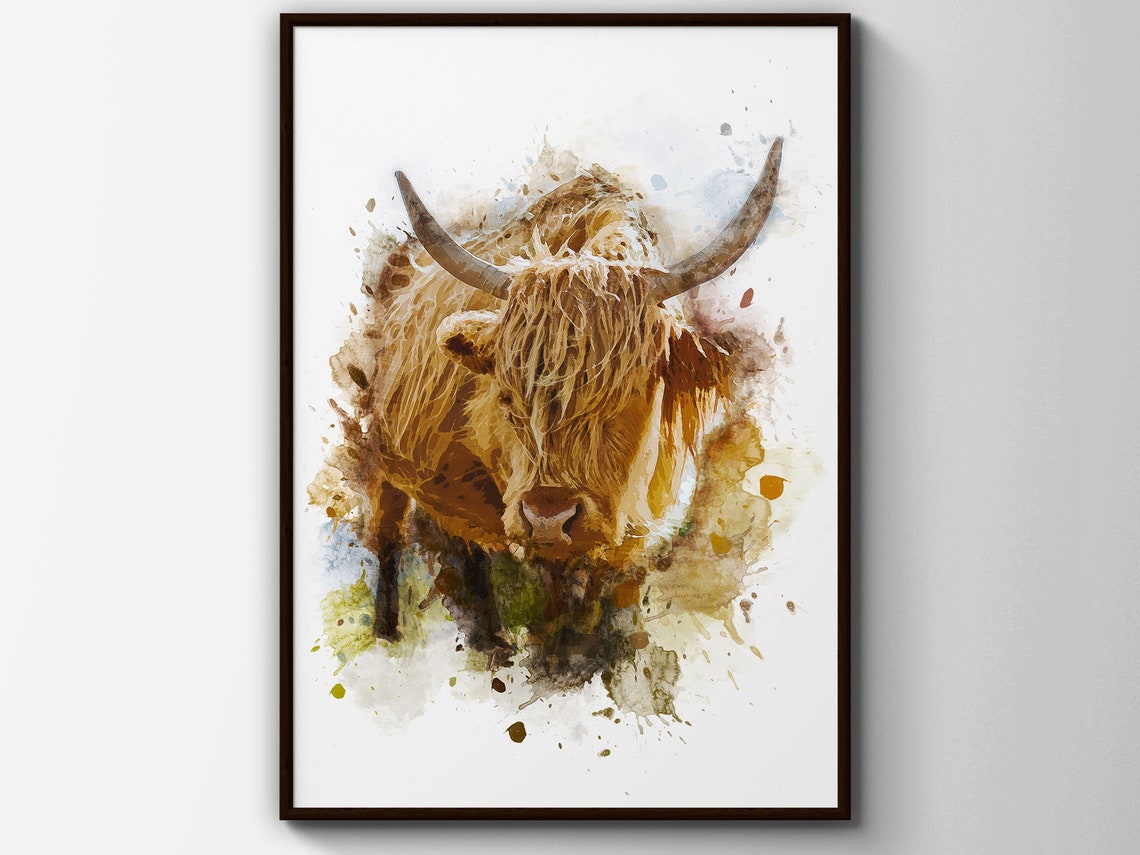 Highland Cow Wall Art Animal Lover Poster Print Splatter Watercolour