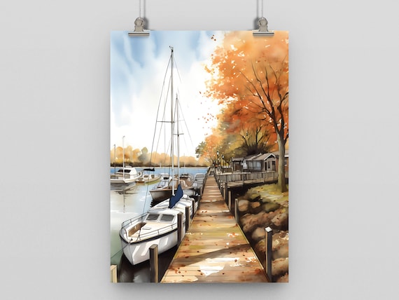 Autumn Marina Sailboat Dock Watercolor Fall Harbor Scene Print