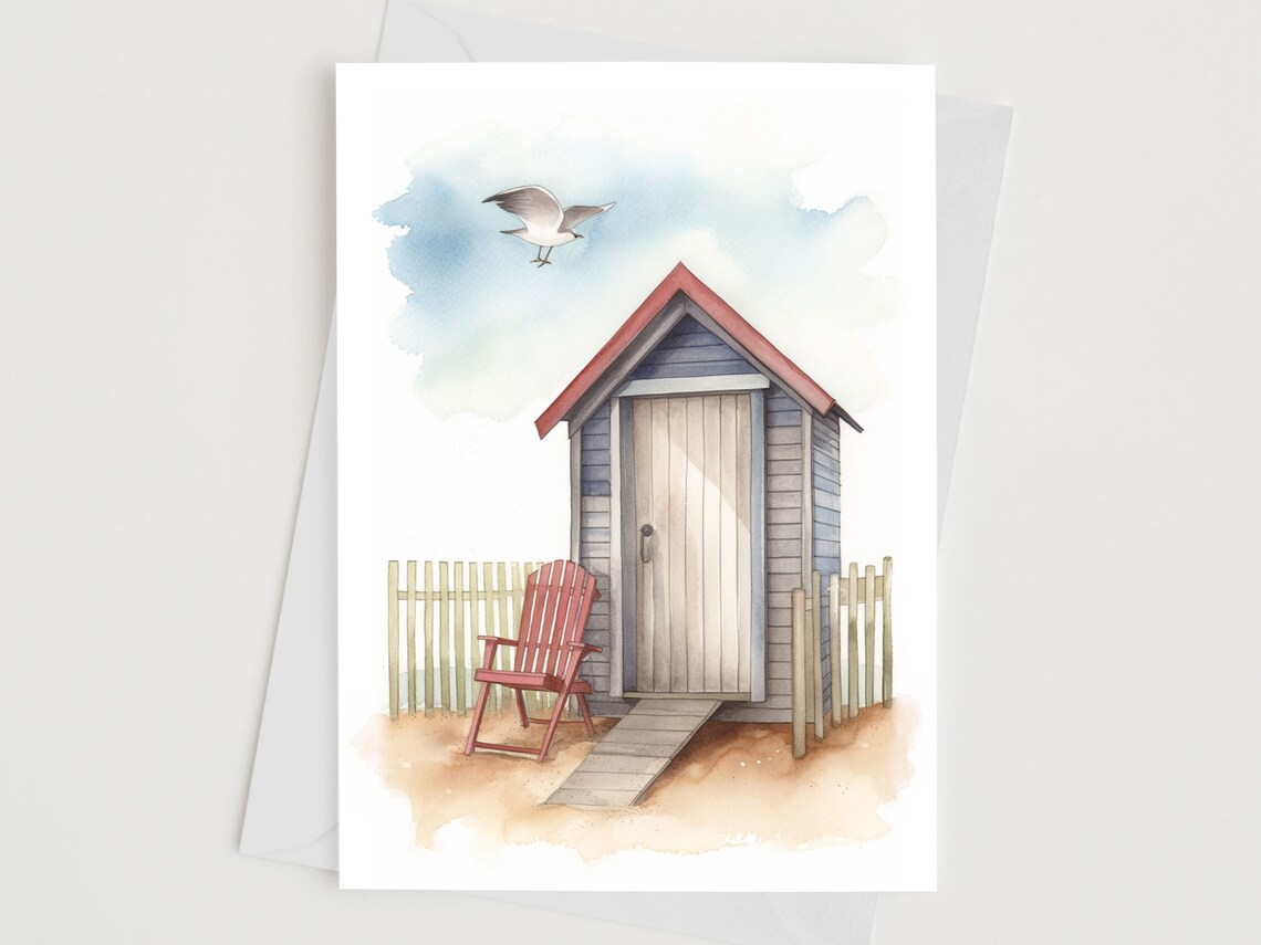 Seaside Beach Hut Scene Coastal Watercolour Art Print