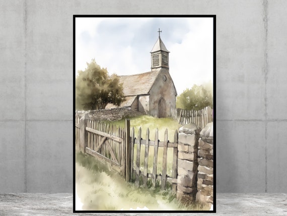 Small Village Church English Countyside Scene Poster Print Home Decor Kitchen