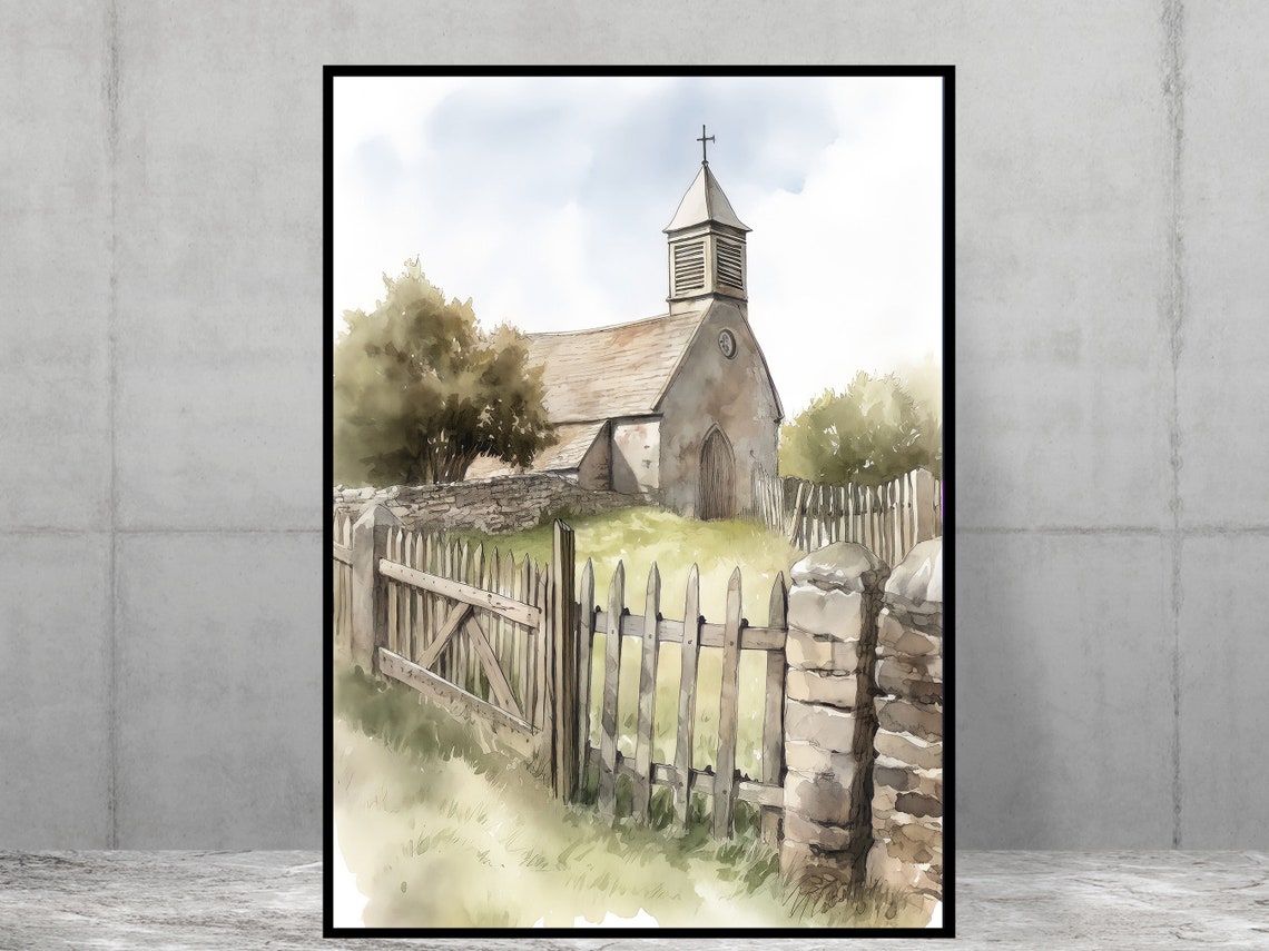 Small Village Church English Countyside Scene Poster Print Home Decor Kitchen