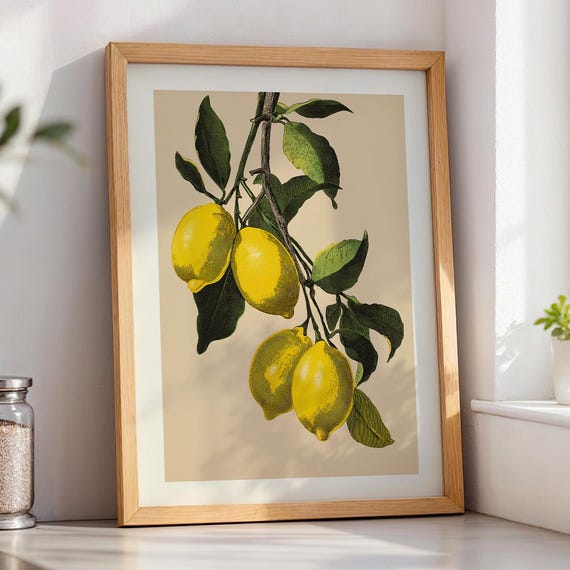 Vintage Lemon Botanical Print Retro Kitchen Wall Art