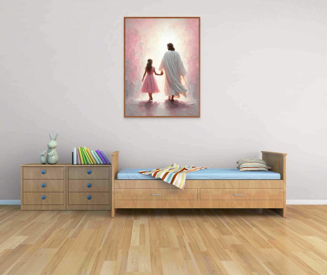Jesus Walking Away With Girl Hand In Hand Pink Mist Light Christian Poster - Image 6