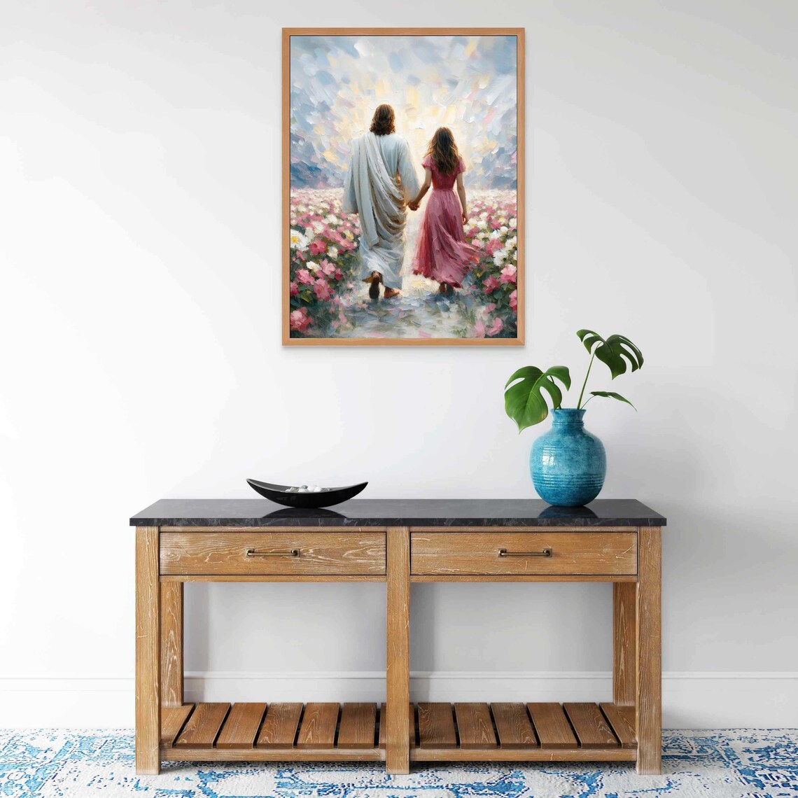 Jesus Walking Hand in Hand With Woman in Flower Field Art Poster - Image 6