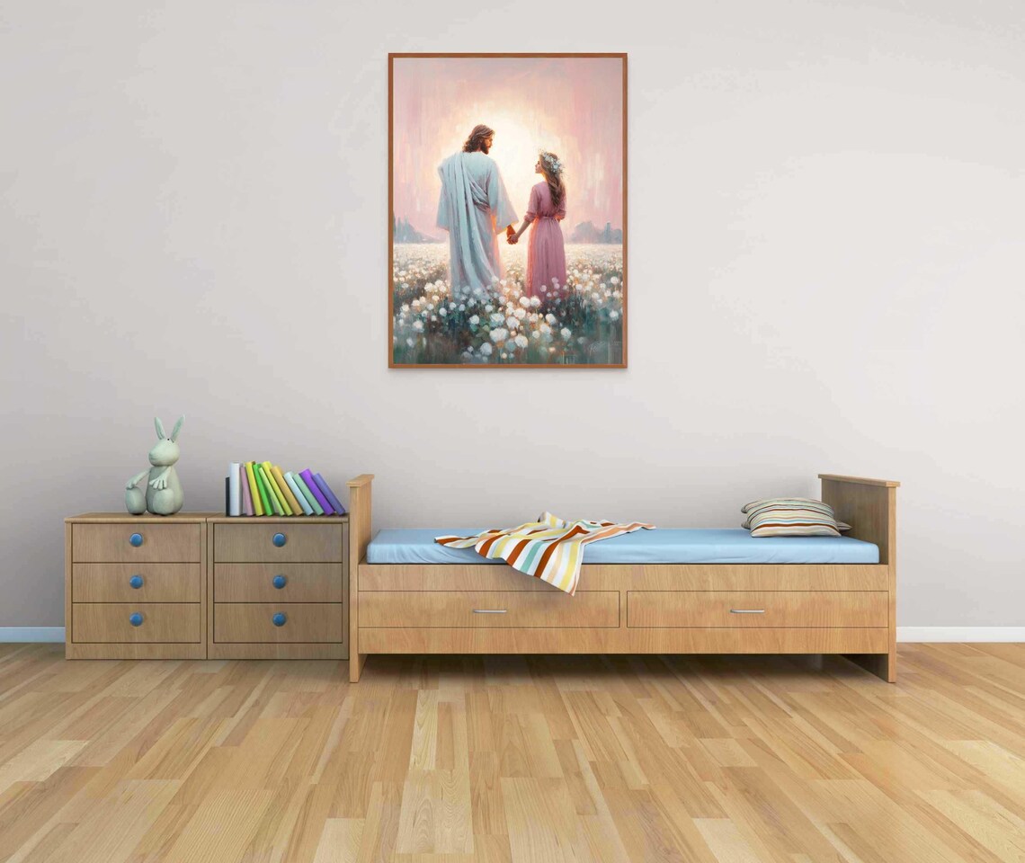 Jesus Holding Hands Woman White Flower Field Sunrise Moment Christian Poster - Image 2