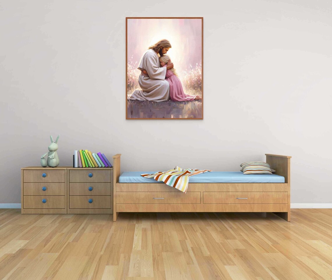 Jesus Kneeling to Hug Girl in Pink Dress in Gentle Light Poster - Image 2