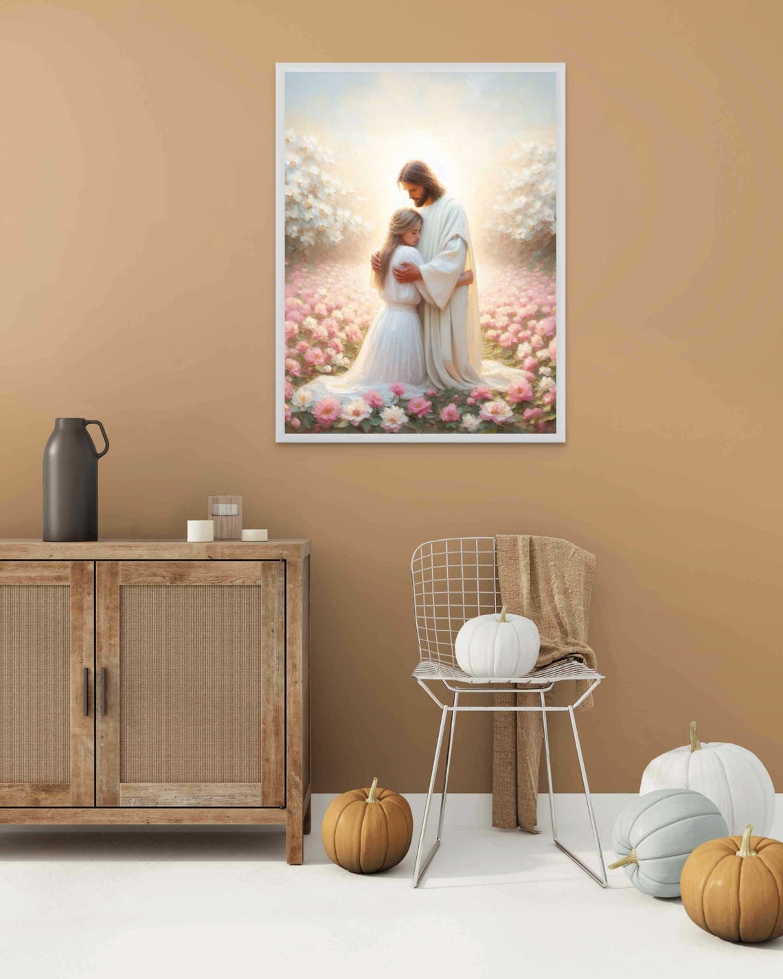 Jesus Embracing Girl in White Dress Among Pink Blossoms Poster - Image 2