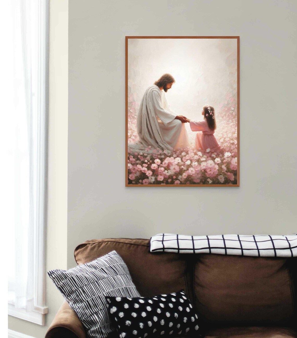 Jesus Christ Sitting Among Pink Flowers with Little Girl Poster