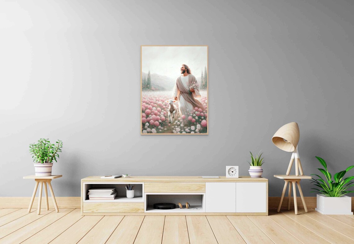 Jesus Good Shepherd Smiling Lamb Pink Flower Field Mountain Christian Print - Image 6