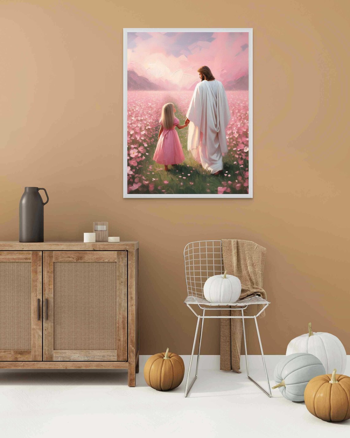 Jesus Leading Little Girl Through Pink Flower Field Art Poster - Image 5