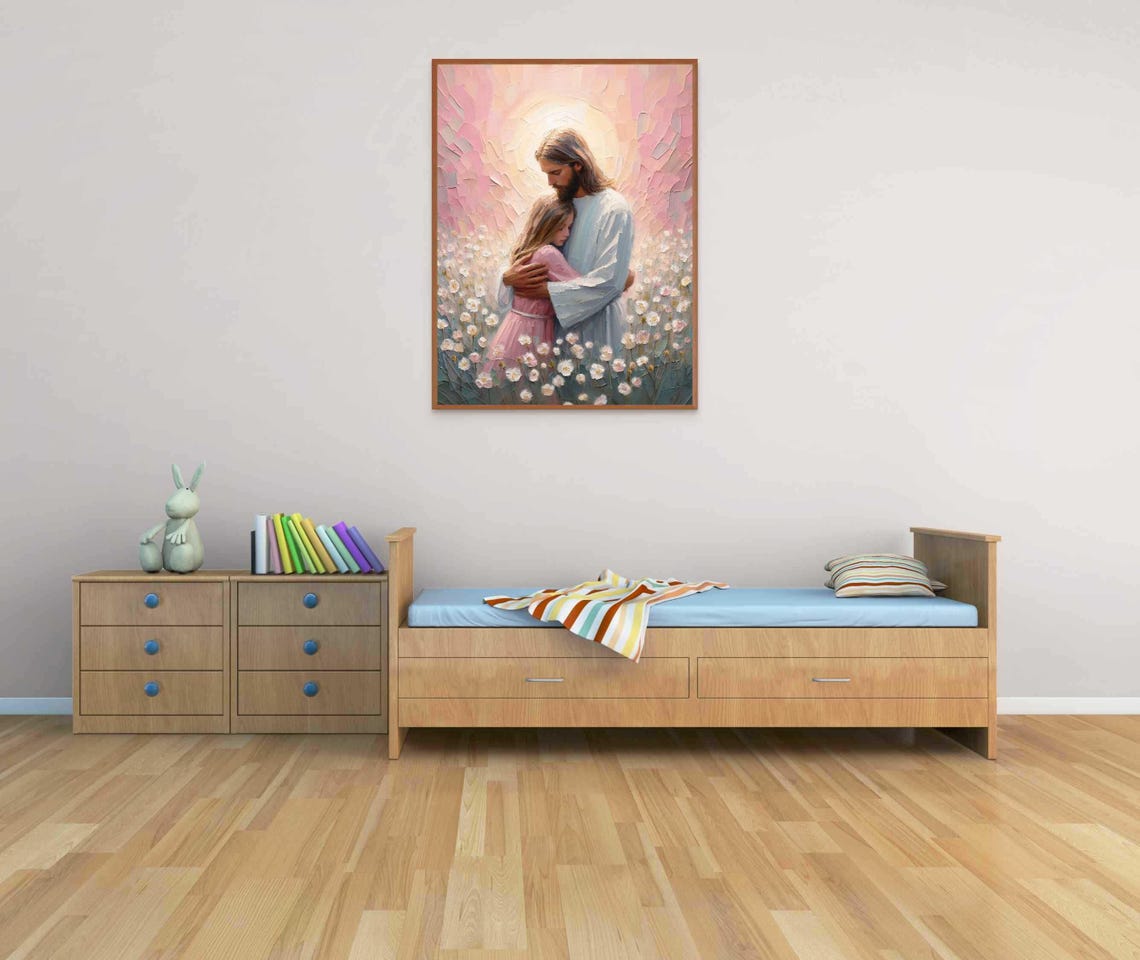 Jesus And Girl Embrace Modern Christian Art Jesus With Girl Jesus Portrait Lds Prints Bible Art Jesus And Kids Jesus With Children - Image 6