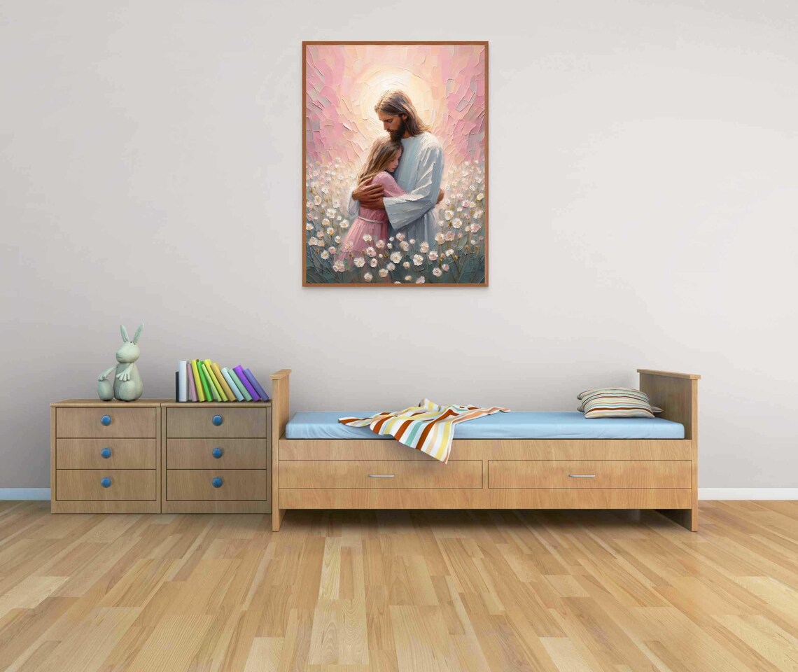 Jesus Christ Hugging Girl Among Daisies in Heavenly Glow Poster - Image 6
