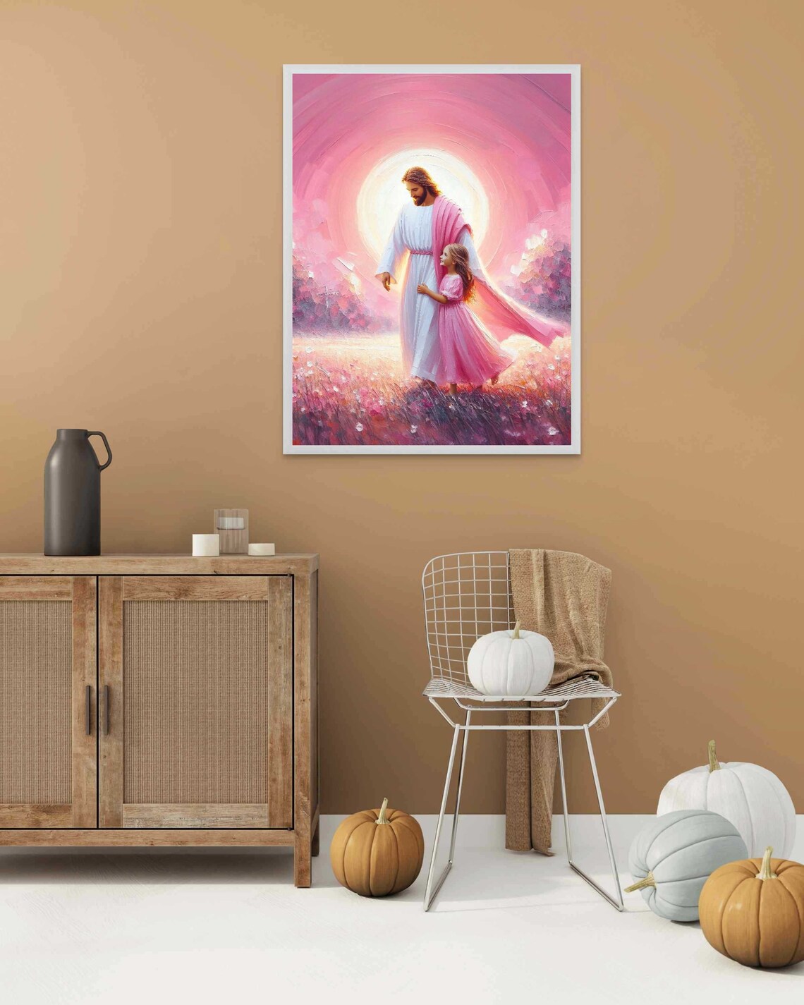 Jesus Walking With Little Girl Radiant Pink Sunrise Meadow Christian Poster - Image 2