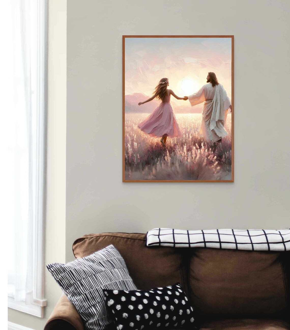 Jesus Holding Hands With Girl Lavender Field Sunset Walk Christian Print - Image 2