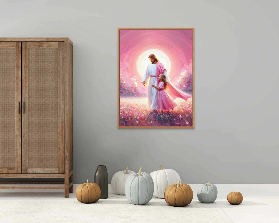 Jesus Walking With Little Girl Radiant Pink Sunrise Meadow Christian Poster - Image 3