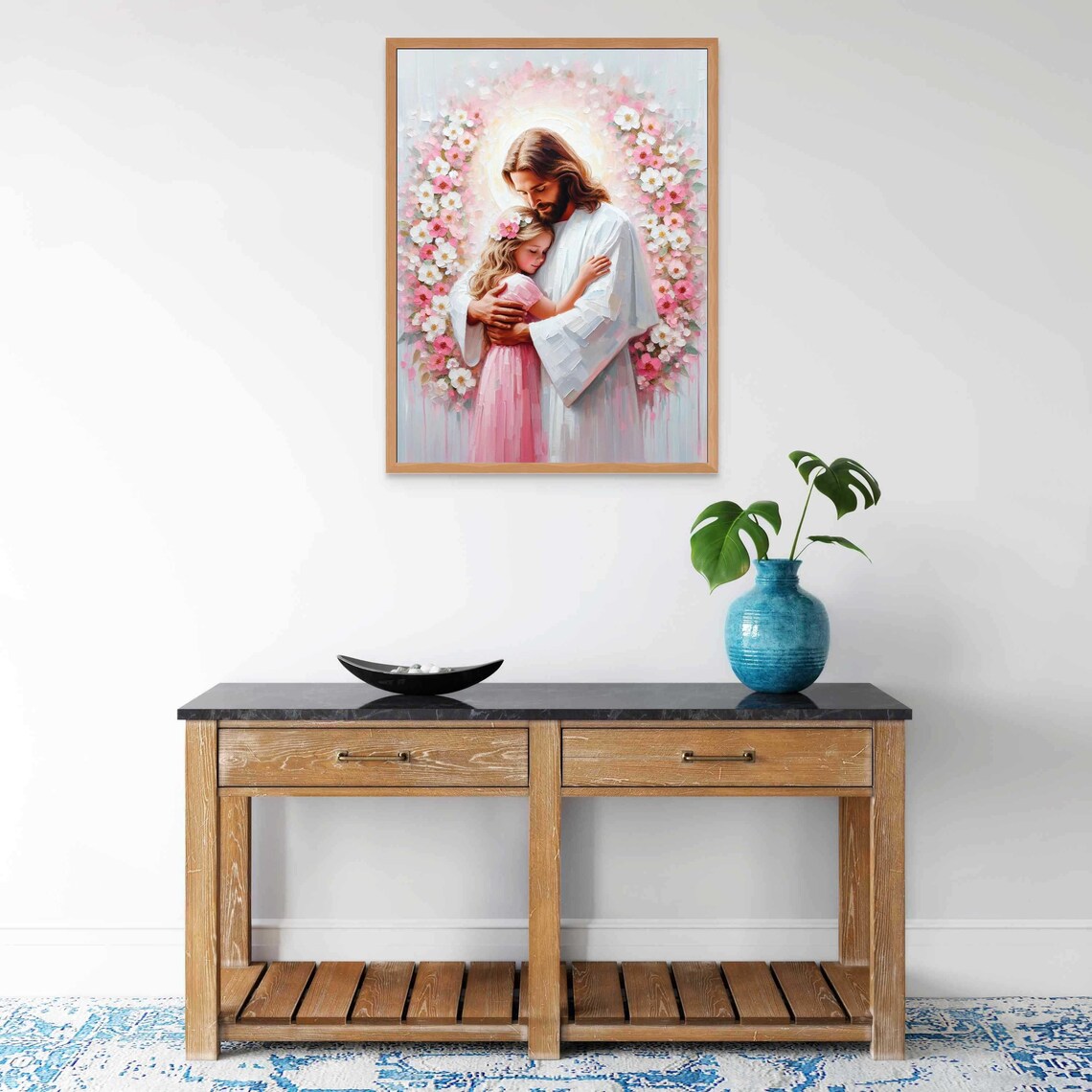 Jesus Hugging Girl Floral Heart Arch Pink White Flowers Christian Poster - Image 5