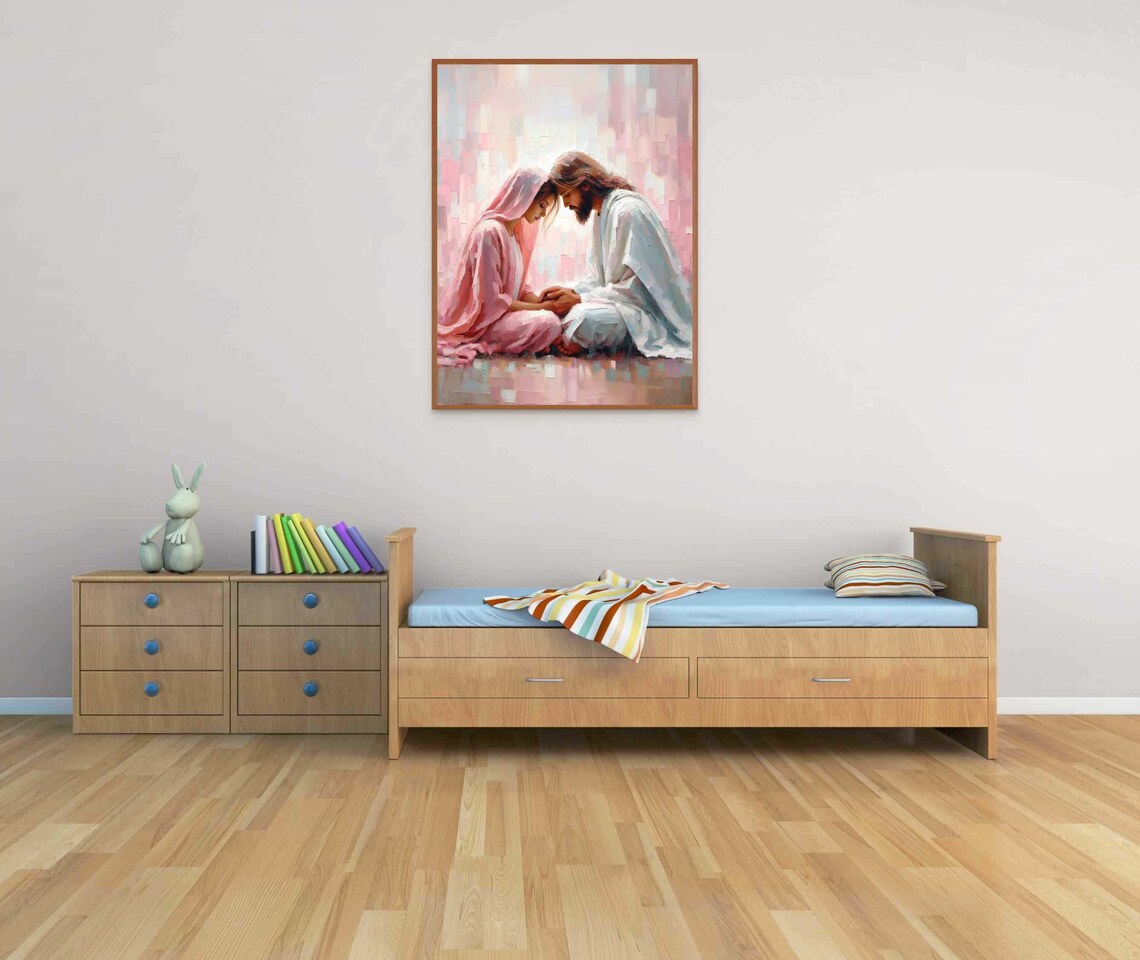 Jesus Sitting With Veiled Woman in Soft Pink Prayer Art Poster - Image 4