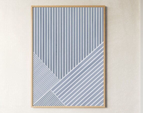 Blue Stripe Print Line Art Blue White Wall Art Modern Minimalist Print Living Room Decor Nusery Wall Art