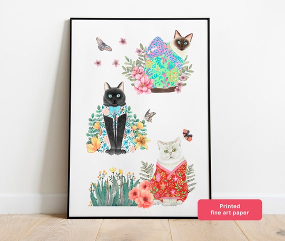 Three Cats Boho Home Decor, Japanese Art Print