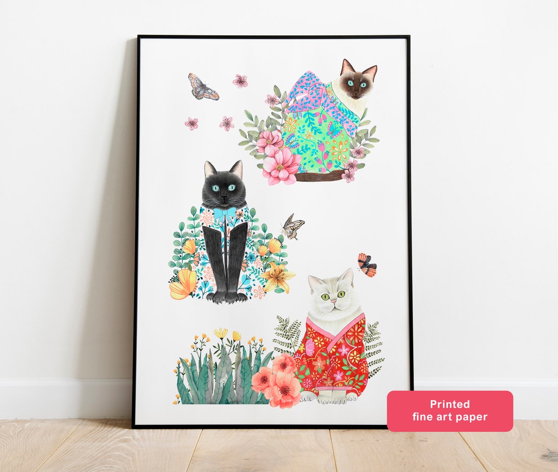Three Cats Boho Home Decor, Japanese Art Print