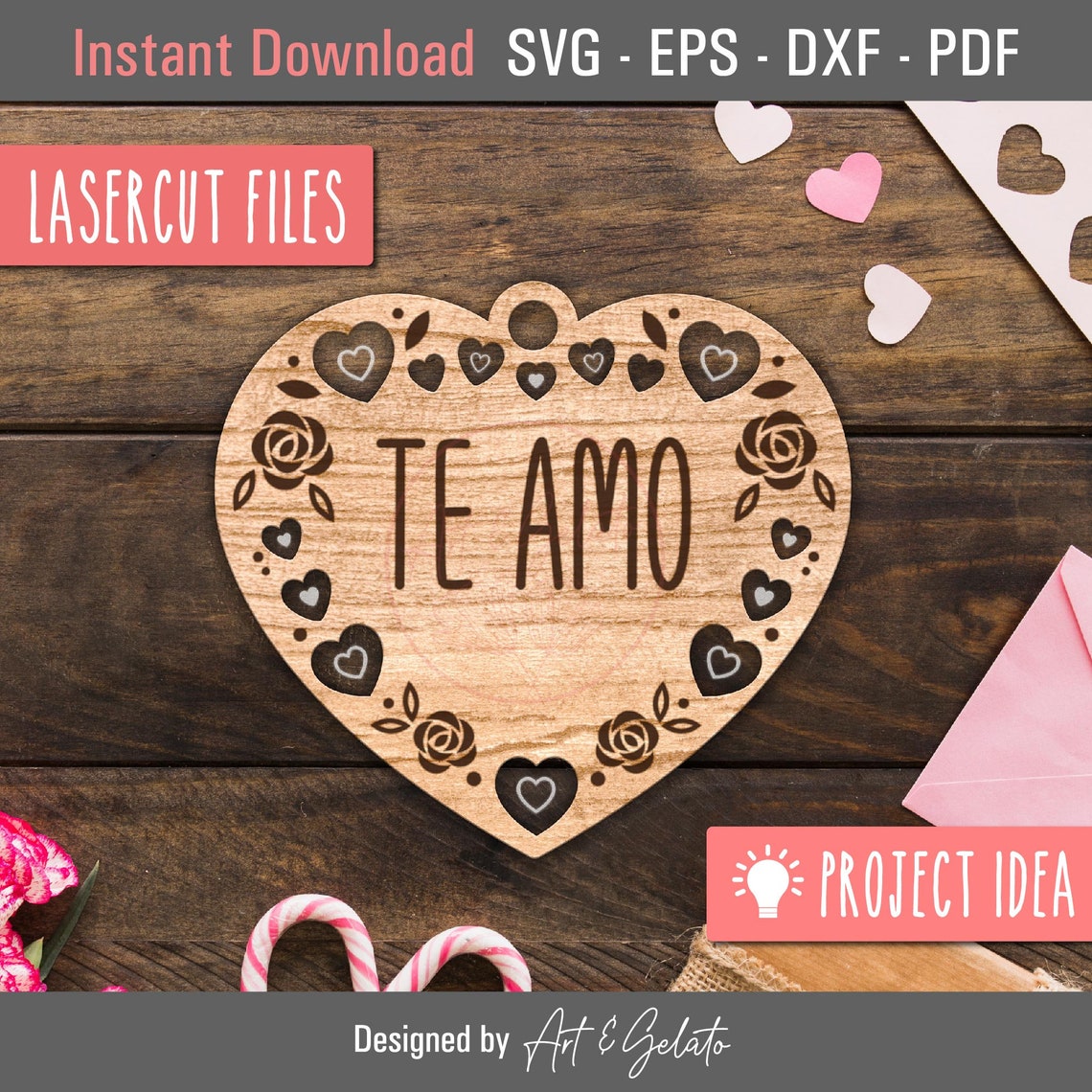 Te Amo Engraved Wooden Heart Roses Spanish Valentines Day Love Poster