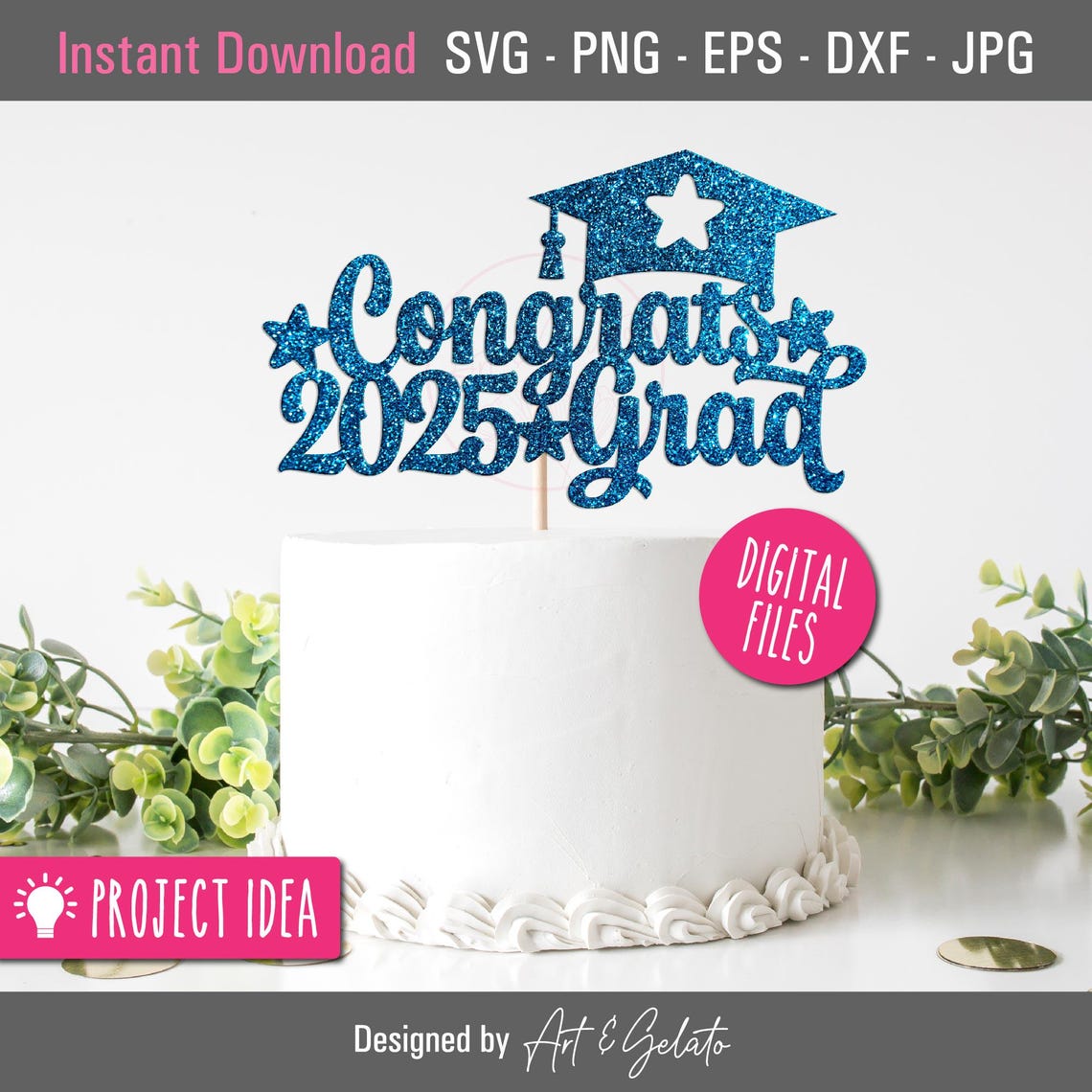 Congrats 2025 Grad Pink Glitter Grad Cap Cake Topper Design Poster - Image 3