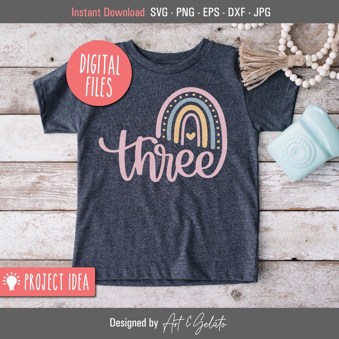 Three Blush Rainbow 3rd Birthday Party Shirt Cut File Poster - Image 2