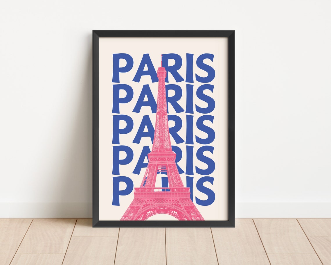 Paris Retro Blue Pink Eiffel Tower France Summer Travel Poster - Image 3