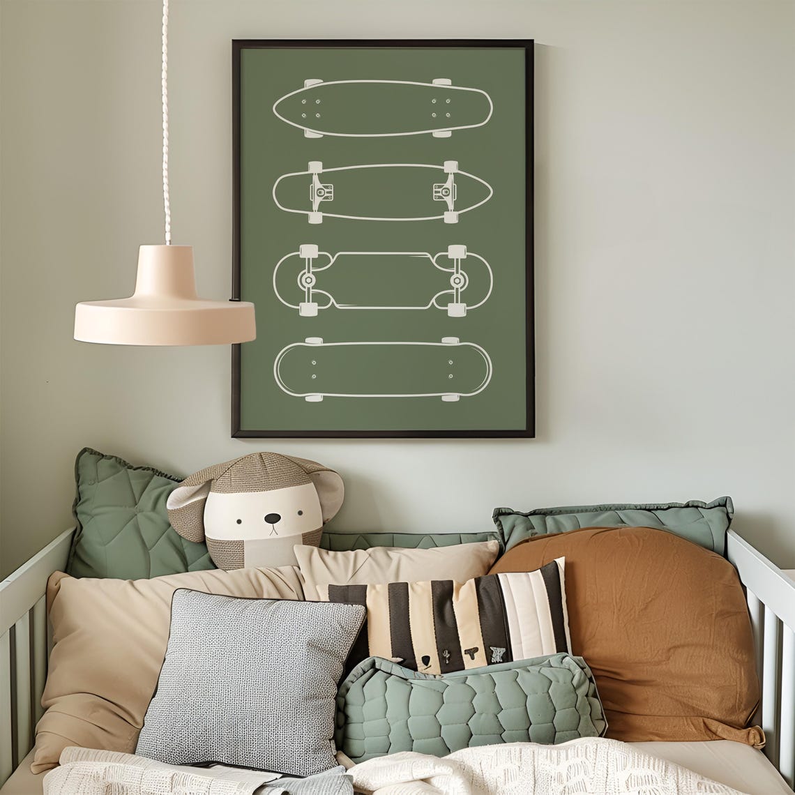 Olive Green Skateboard Deck Line Art Poster Blueprint Boys Room Decor